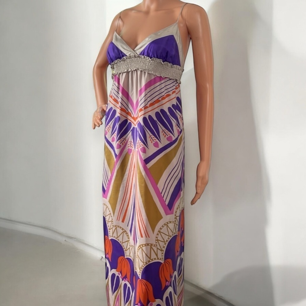 Anthropologie Lilka Purple Gray Retro Silk Scarf Heart Print Maxi Dress Size L